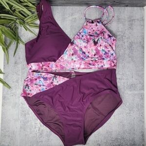 NWT Mack & Mal | Plum Colorblock Floral Two Piece Swimsuit